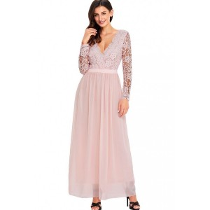 Nude Plunging Hollow Lace Open Back Sexy Maxi Party Dress