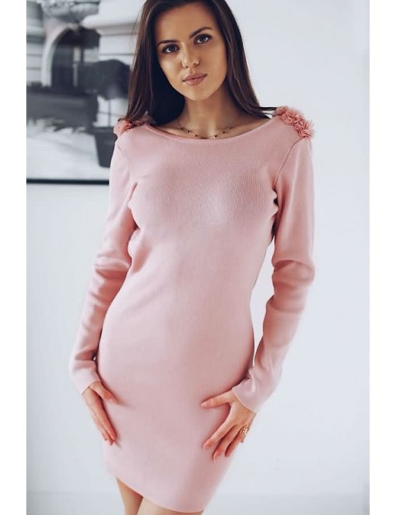 Pink Flower Long Sleeve Backless Sexy Bodycon Dress