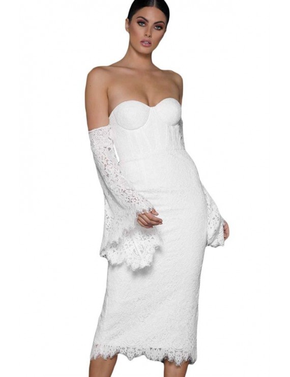 White Strapless Flare Sleeve Backless Sexy Midi Lace Dress
