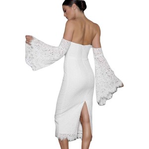 White Strapless Flare Sleeve Backless Sexy Midi Lace Dress