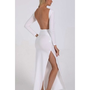 White Long Sleeve Slit Side Backless Sexy Maxi Bodycon Dress