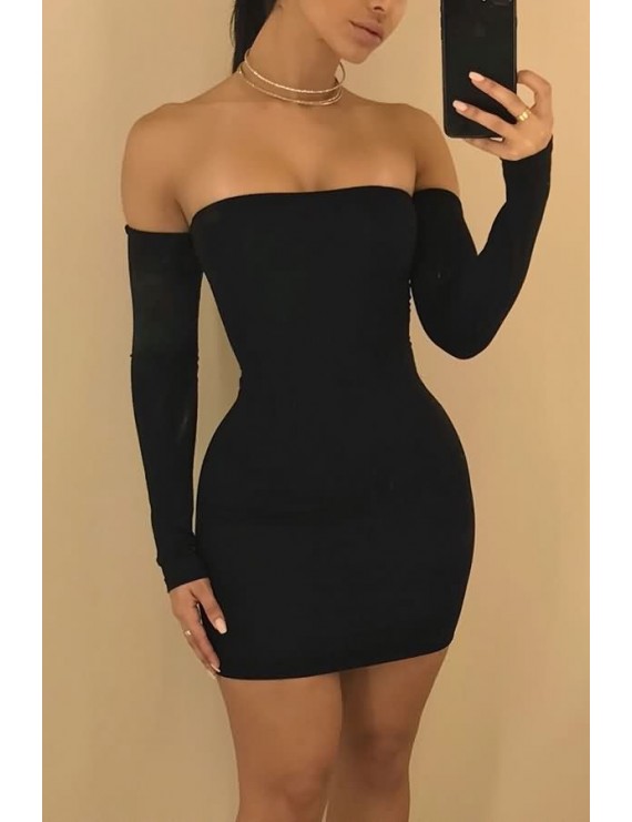 Off Shoulder Long Sleeve Backless Lace Up Sexy Mini Dress