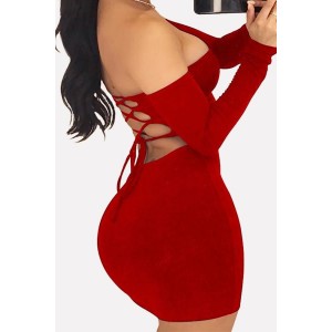 Off Shoulder Long Sleeve Backless Lace Up Sexy Mini Dress