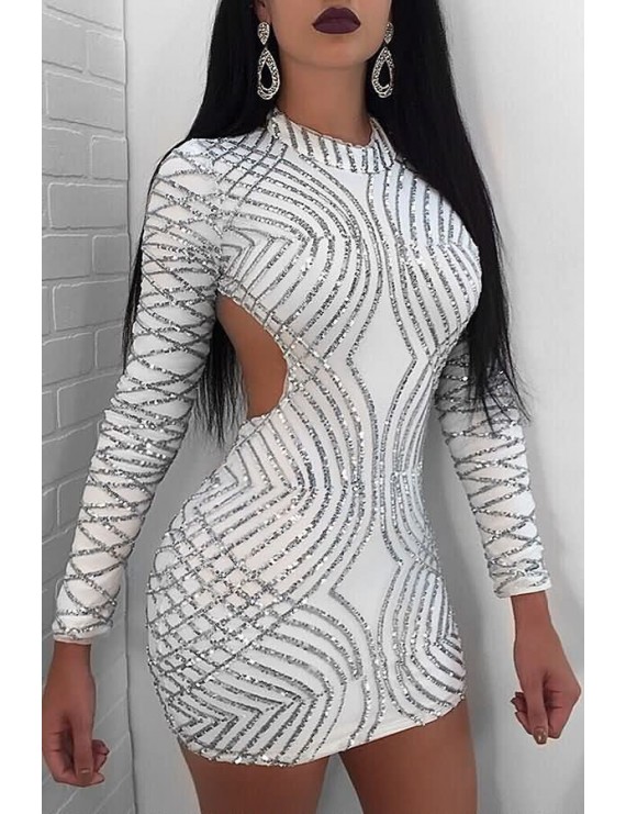White Long Sleeve Crew Neck Backless Sexy Bodycon Sequin Dress