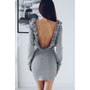 Gray Flower Long Sleeve Backless Sexy Bodycon Dress