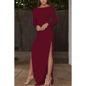Dark-red Long Sleeve Slit Side Backless Sexy Maxi Bodycon Dress