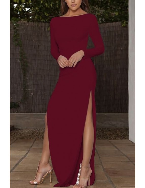 Dark-red Long Sleeve Slit Side Backless Sexy Maxi Bodycon Dress