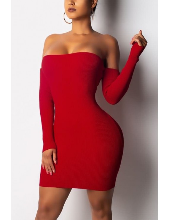 Red Off Shoulder Long Sleeve Lace Up Backless Sexy Mini Dress