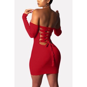 Red Off Shoulder Long Sleeve Lace Up Backless Sexy Mini Dress