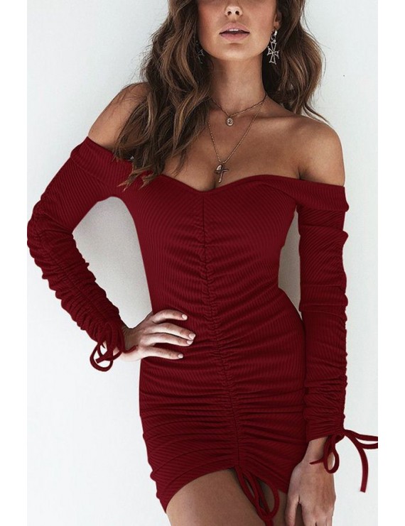 Dark-red Ribbed Off Shoulder Ruched Long Sleeve Sexy Bodycon Dress