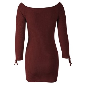 Dark-red Ribbed Off Shoulder Ruched Long Sleeve Sexy Bodycon Dress