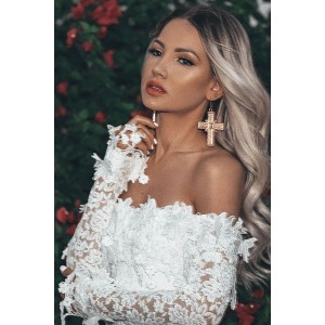 White Off Shoulder Long Sleeve Sexy Lace Bodycon Dress