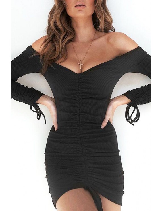 Black Ribbed Off Shoulder Ruched Long Sleeve Sexy Bodycon Dress