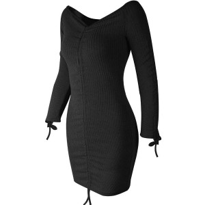 Black Ribbed Off Shoulder Ruched Long Sleeve Sexy Bodycon Dress