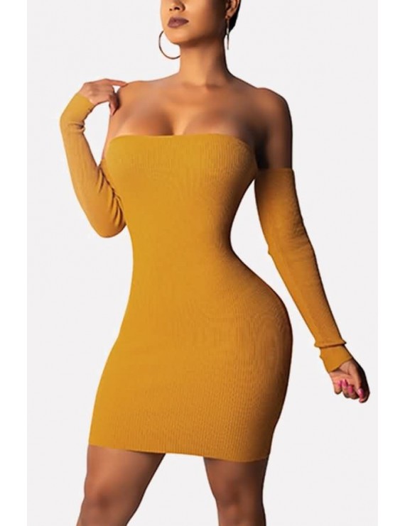 Yellow Off Shoulder Long Sleeve Lace Up Backless Sexy Mini Dress