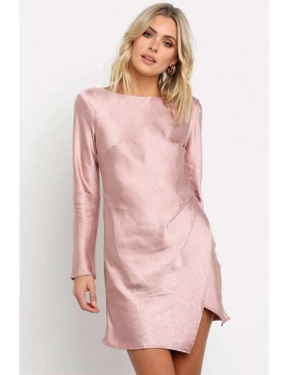Pink Crew Neck Long Sleeve Backless Sexy Dress