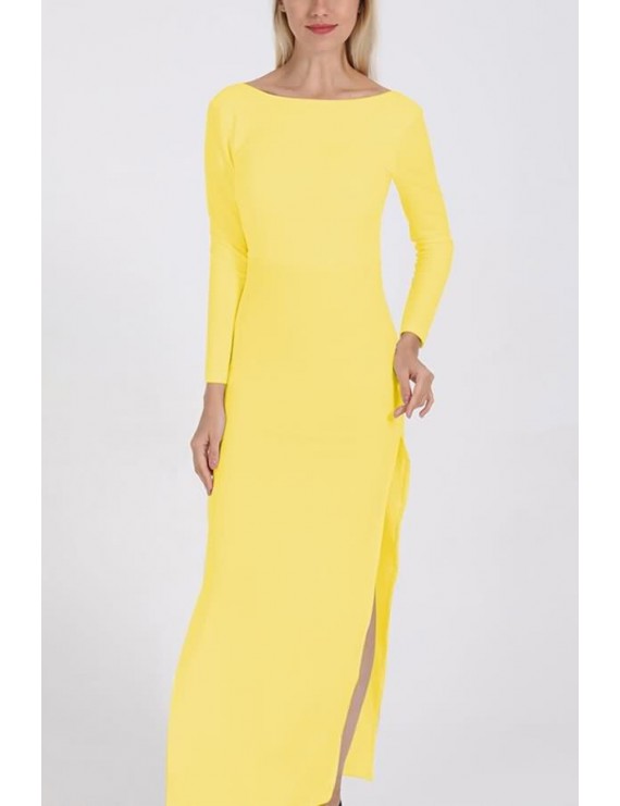 Yellow Long Sleeve Slit Side Backless Sexy Maxi Bodycon Dress