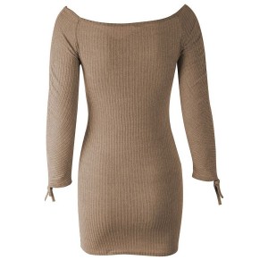 Khaki Ribbed Off Shoulder Ruched Long Sleeve Sexy Bodycon Dress