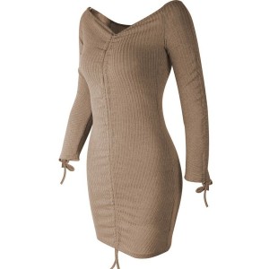 Khaki Ribbed Off Shoulder Ruched Long Sleeve Sexy Bodycon Dress