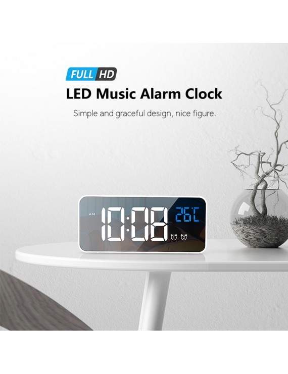 LED Digital Mirror Alarm Clock Smart Voice Awaken Adjustable Dimmer Volume Time Temperature Battery Backup Memory Music Alarm Clock