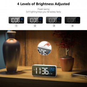 LED Digital Mirror Alarm Clock Smart Voice Awaken Adjustable Dimmer Volume Time Temperature Battery Backup Memory Music Alarm Clock