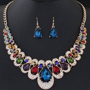 Fashion Women Crystal Rhinestone Statement Bib Pendant Necklace Earrings Set Choker Chain Collar Jewelry