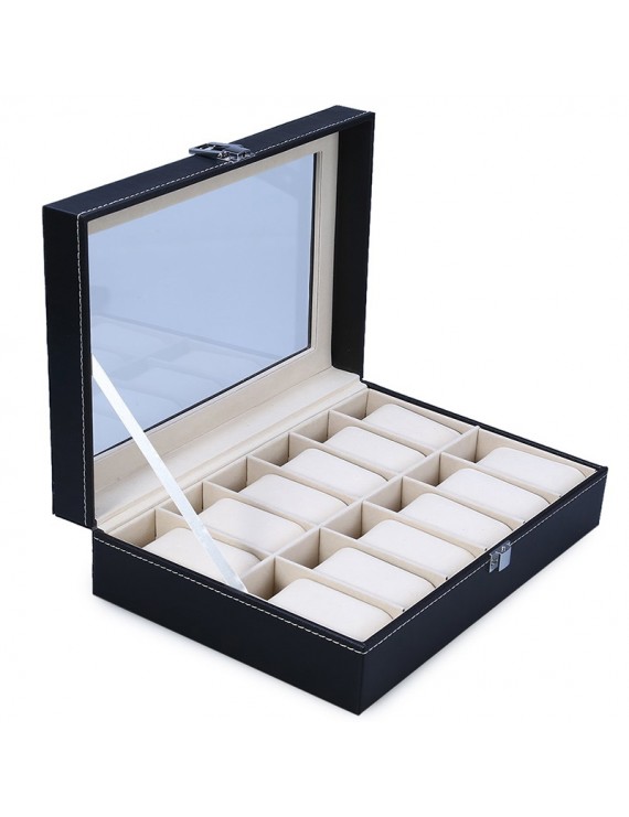 Hot 12 Grid Watch Box PU Leather Glass Top Display Jewelry Organizer Storage Case
