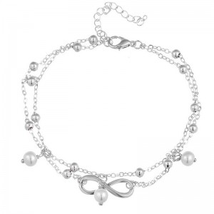 1Pc Fashion Simple Silver Gold Plated Double Chain Anklet Cross Shape Pearl Bracelet Jewelry
