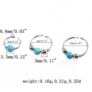 Retro Stainless Steel Crystal Blue Turquoise Round Beads Nose Ring Stud Earring Nostril Hoop Women Jewelry