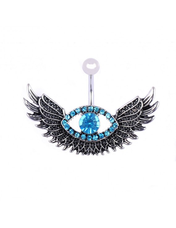 Fashion Angel Wing Belly Navel Button Ring Bar Blue Crystal Eye Stainless Steel Surgical Body Piercing Jewelry