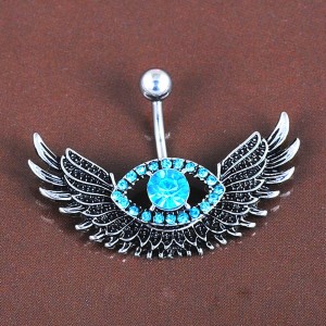 Fashion Angel Wing Belly Navel Button Ring Bar Blue Crystal Eye Stainless Steel Surgical Body Piercing Jewelry