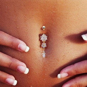 Women Beauty Crystal Flower Dangle Navel Belly Button Ring Body PiercingJewelry