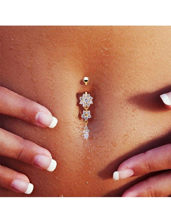Women Beauty Crystal Flower Dangle Navel Belly Button Ring Body PiercingJewelry