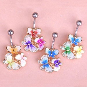 Fashion Gold Enamel Crystal Belly Navel Button Ring Bar Butterfly Medical Steel Surgical Body Piercing Jewelry