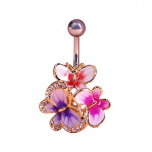 Fashion Gold Enamel Crystal Belly Navel Button Ring Bar Butterfly Medical Steel Surgical Body Piercing Jewelry