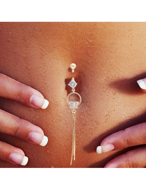 Fashion Butterfly Belly Navel Button Ring Bar Tassel Cubic Zirconia Stainless Steel Surgical Body Piercing Jewelry