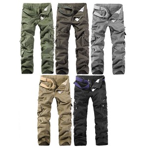 Mens Solid Color Multi-pocket 100%Cotton Casual Cargo Pants Outdoor Straight Trousers