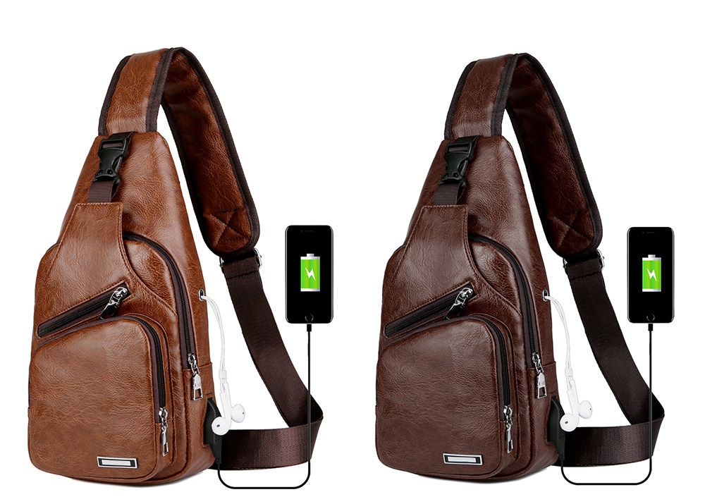 USB Charging Chest Bag Casual Fashion - Coffee