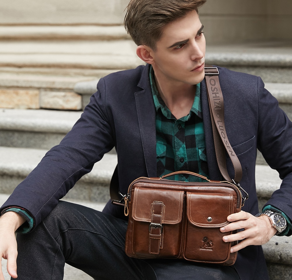 Vintage Leather Men Shoulder Bag- Brown Horizontal