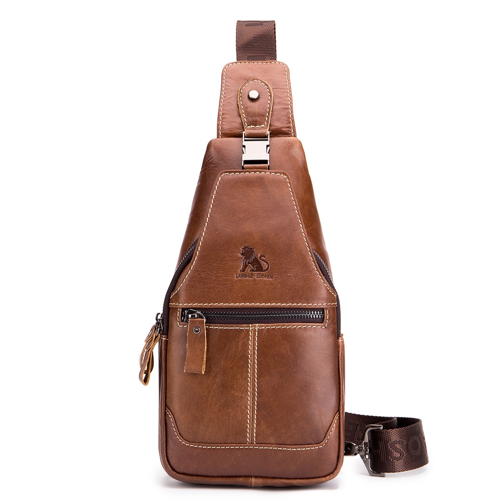 LAOSHIZI Leather One-shoulder Slanted Chest Crossbody Bag for Men- Brown