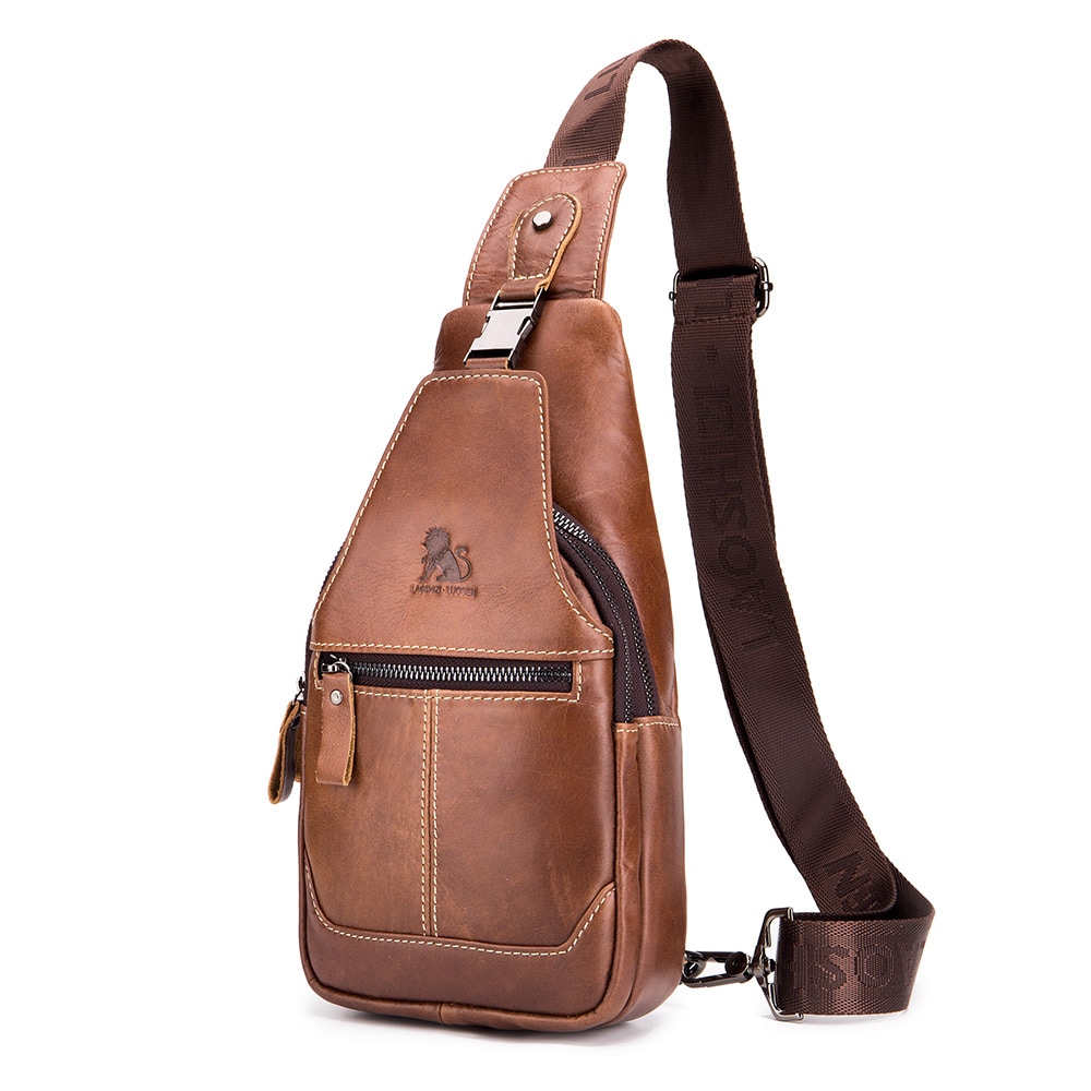 LAOSHIZI Leather One-shoulder Slanted Chest Crossbody Bag for Men- Brown
