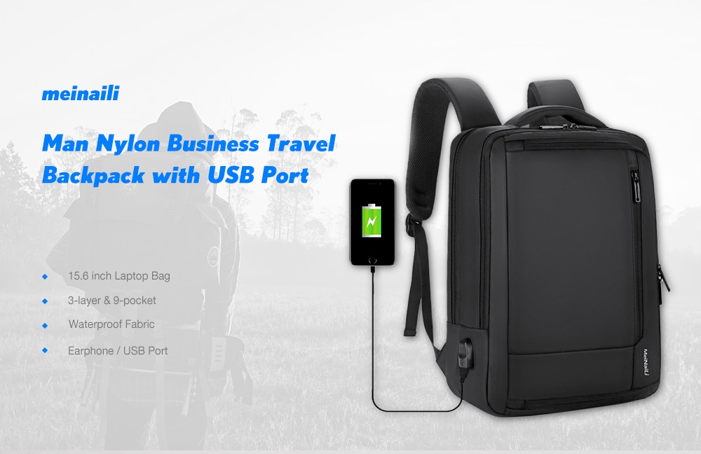 meinaili Man Nylon Business Travel Backpack Student Laptop Bag with USB Port- Black