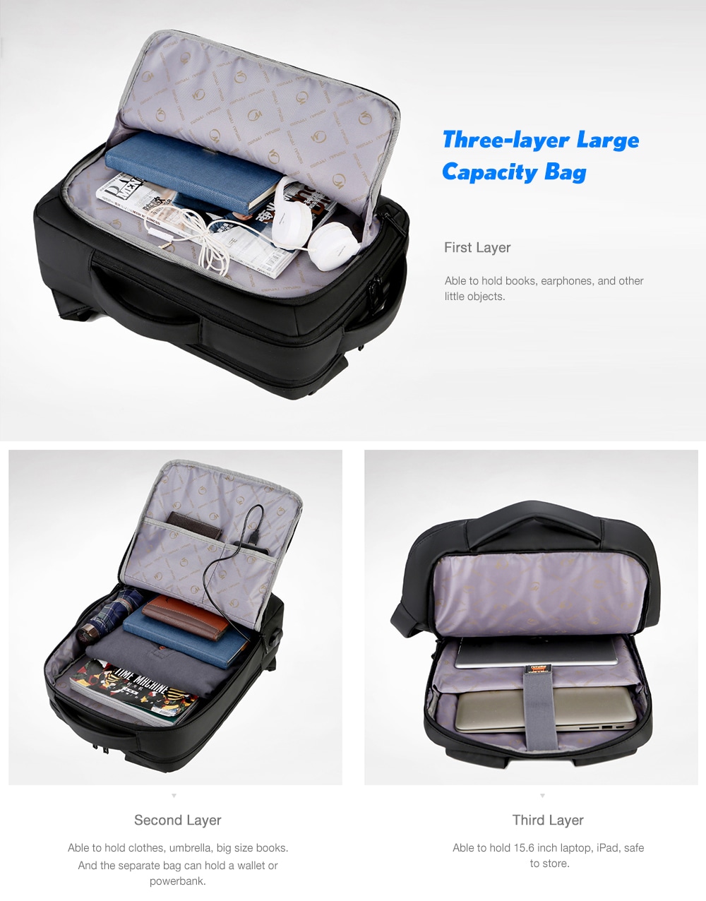 meinaili Man Nylon Business Travel Backpack Student Laptop Bag with USB Port- Black