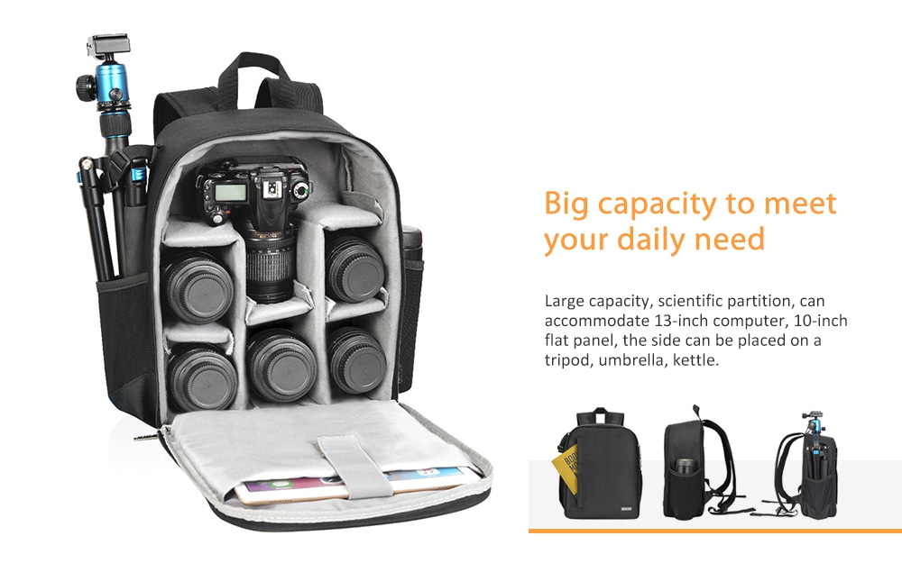 CADeN D6 Outdoor Light Durable SLR Camera Bag Multi-function Waterproof Backpack- Black