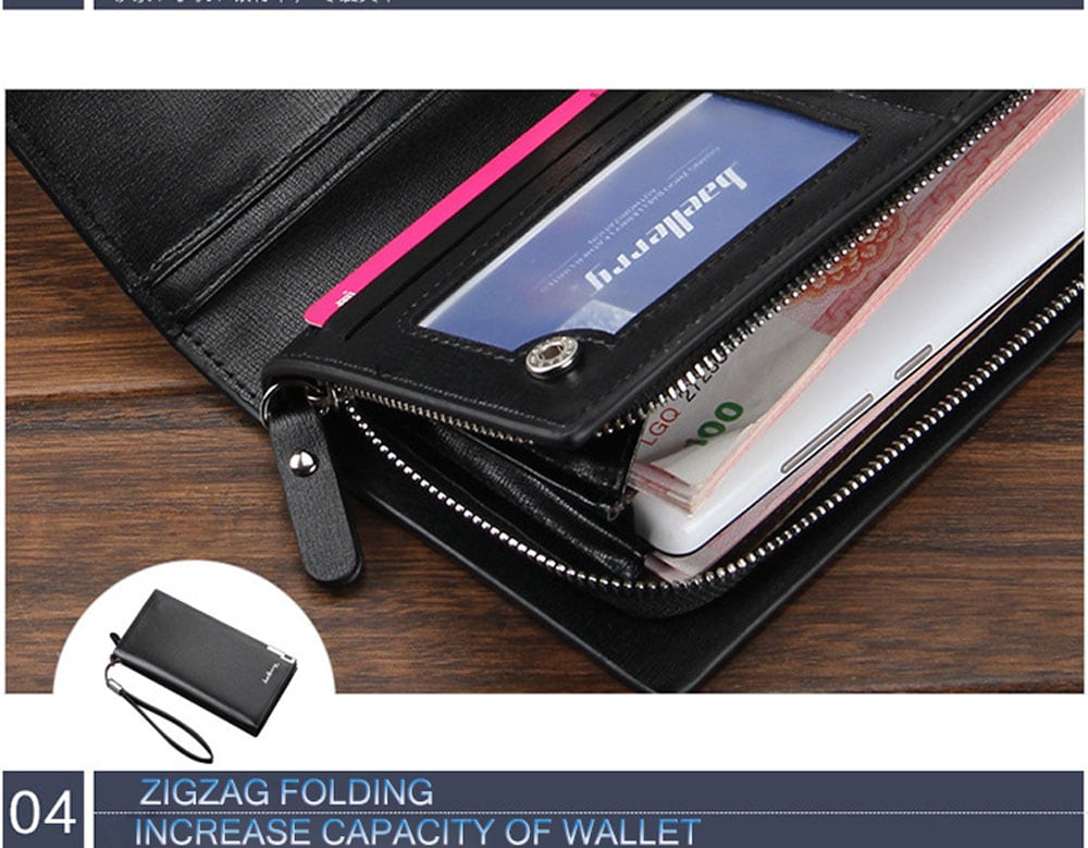 Men Solid Color Letter Hasp Zipper Vertical Clutch Portable Wallet- Black Vertical