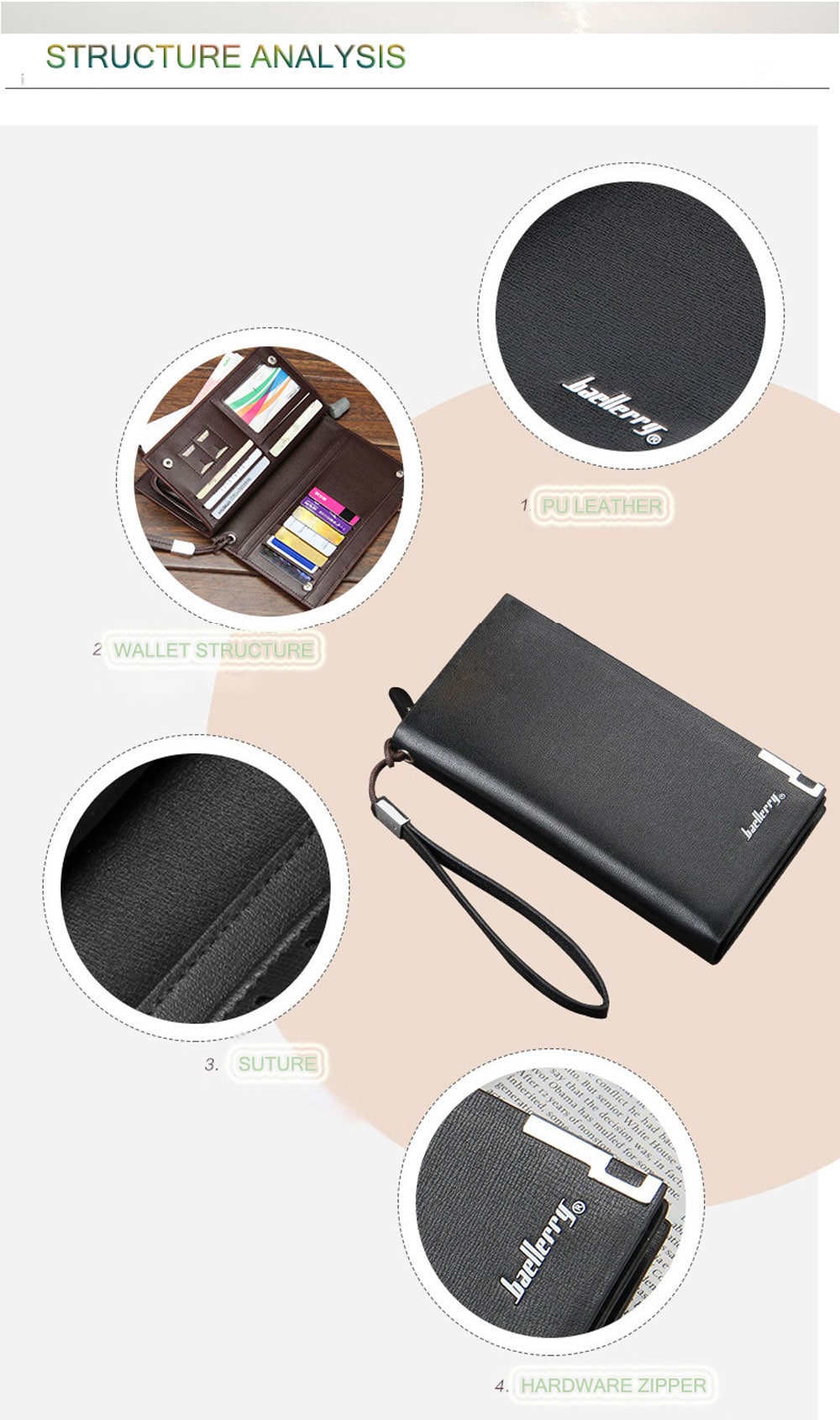 Men Solid Color Letter Hasp Zipper Vertical Clutch Portable Wallet- Black Vertical