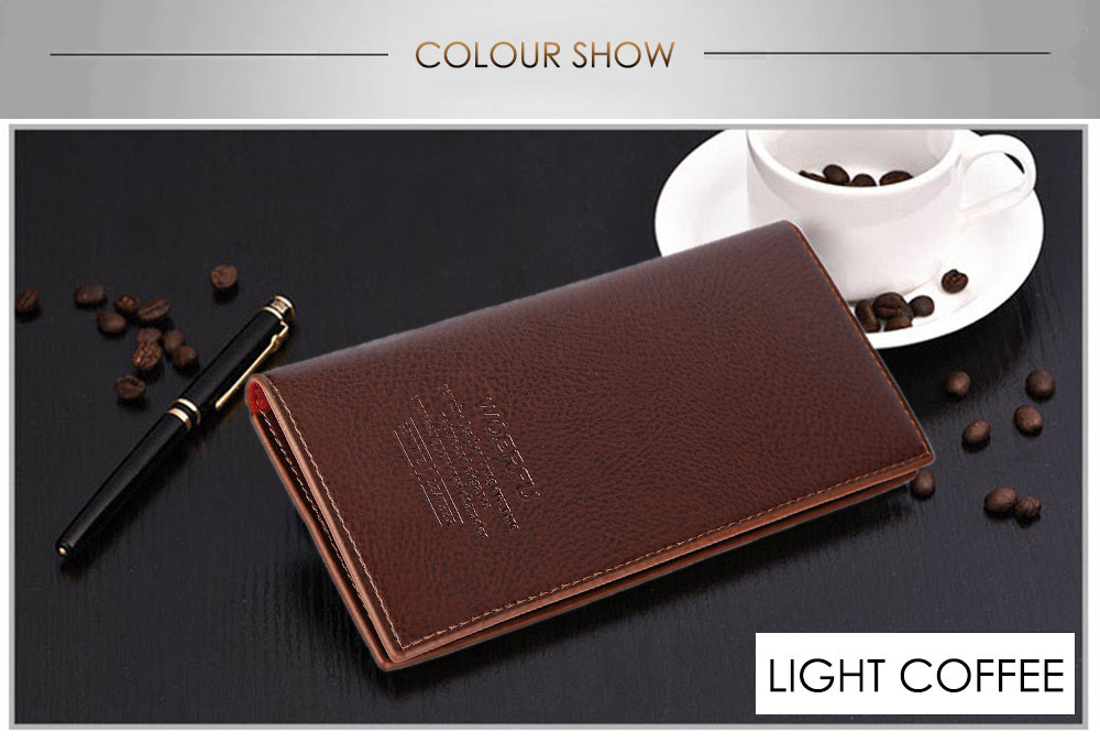 Men Lichee Pattern Solid Color Letter Open Soft Vertical Long Wallet- Coffee Vertical