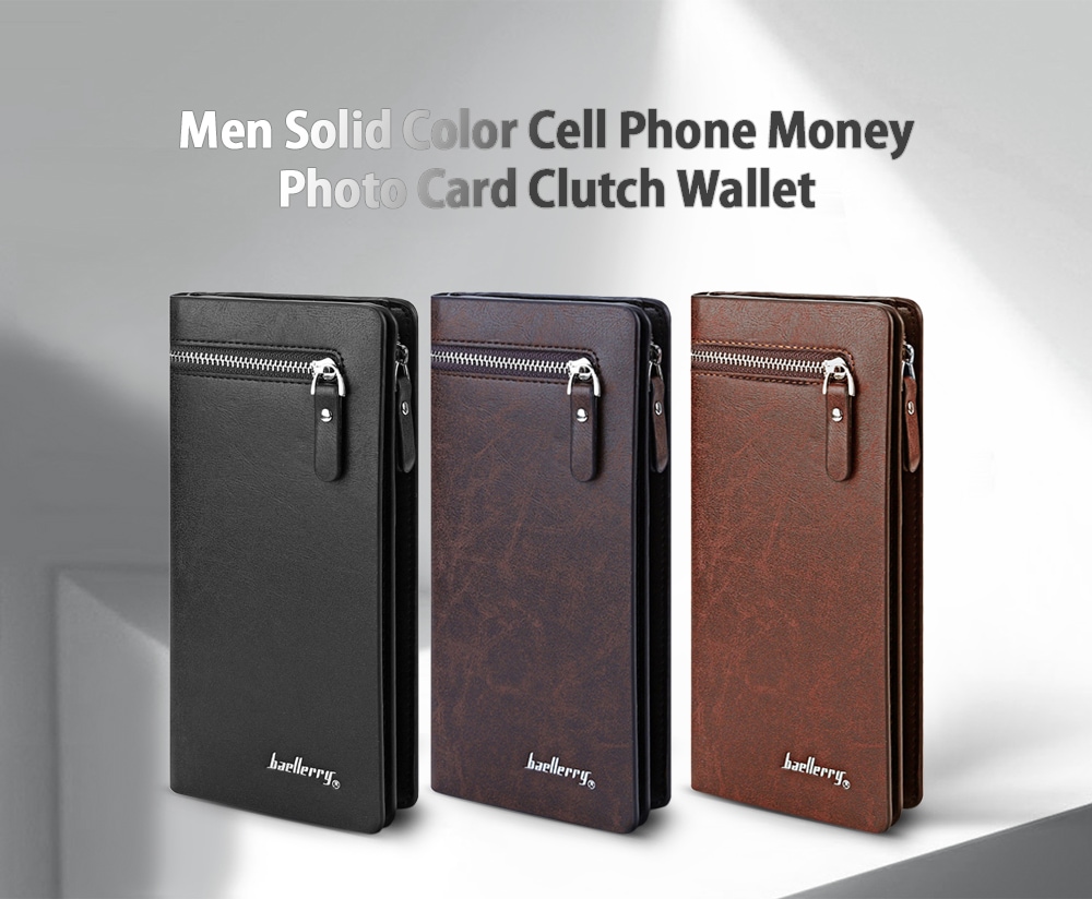 Baellerry Solid Color Men Cell Phone Money Photo Card Clutch Wallet- Black Vertical
